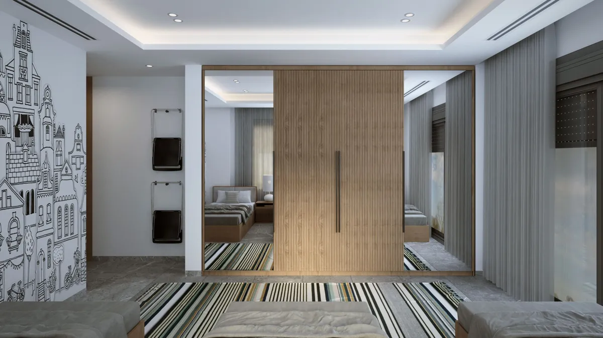 Placard de chambre toute hauteur à portes coulissantes, un panneau en bois rainuré entre deux miroirs